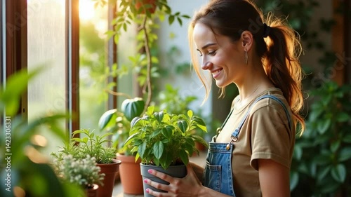 Happy woman nurturing a potted plant in a bright home interior  