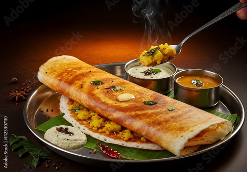 Captivating studio shot of a tempting masala dosa, with traditional accompaniments photo