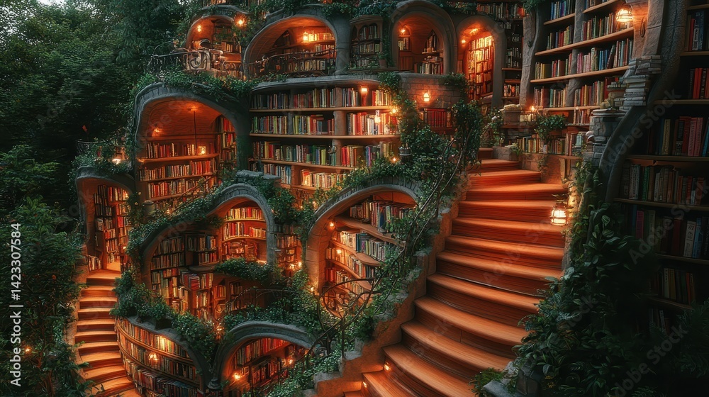 Obraz premium Enchanted, winding library nestled within a lush forest.