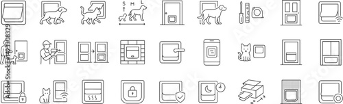 Pet door installation line icon set. Vector pictograms of kit, DIY, professional, entry, smart, electronic control, lock secure, shield, thin linear illustration.