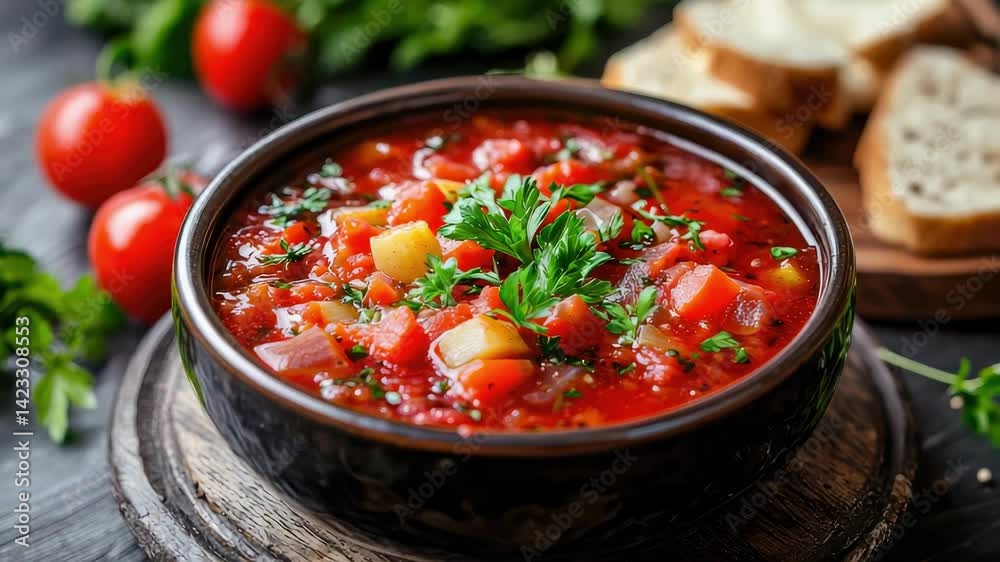 borscht in a plate on the table. Selective focus