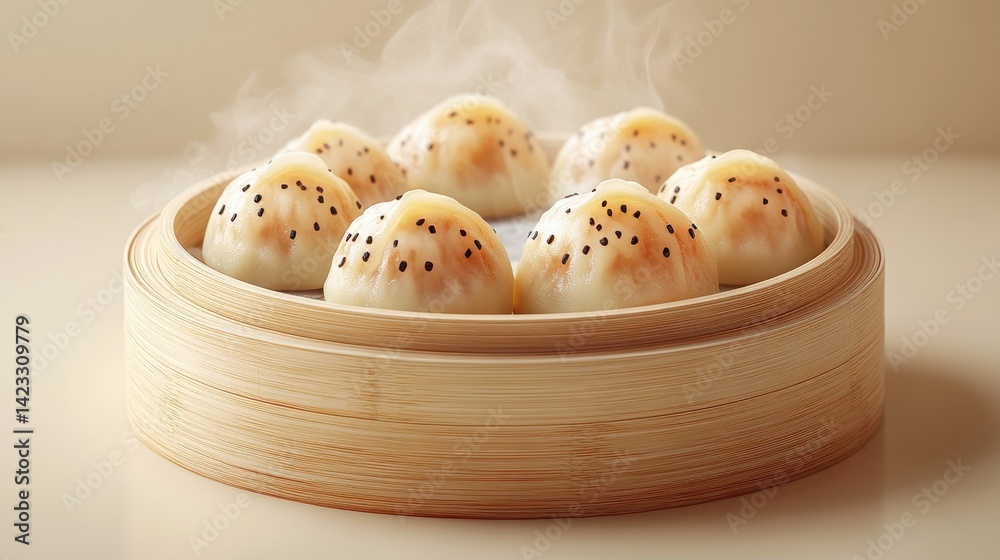 Steaming basket of delicious dumplings with sesame seeds, showcasing culinary art and warmth