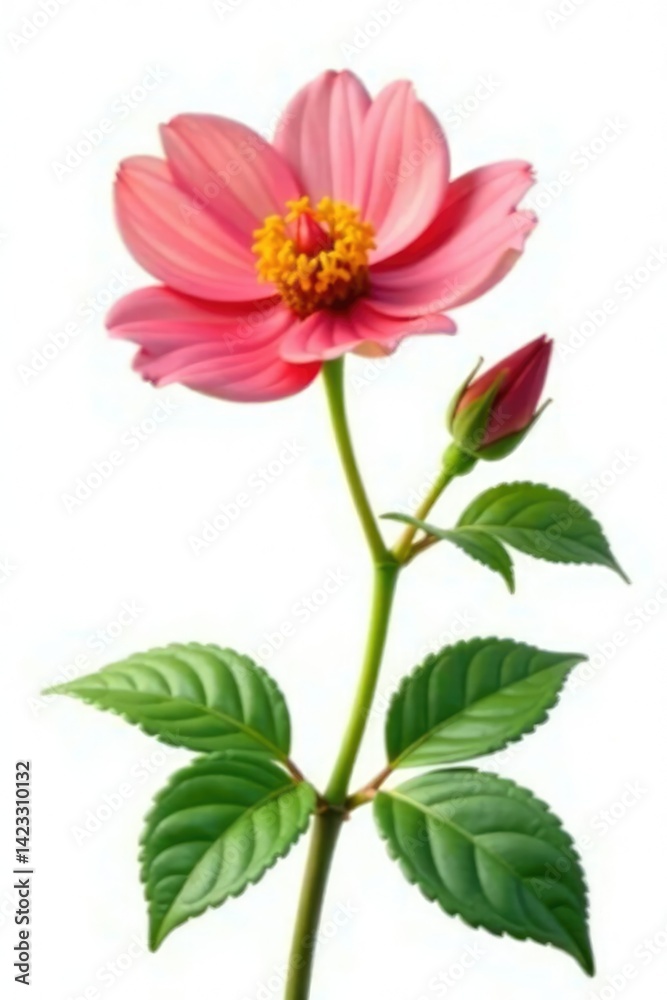 Flower with delicate stem and leaves on white background, greenery, branch
