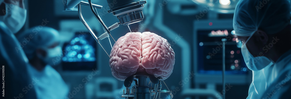 A detailed view of neurosurgery in progress, with the patient's head stabilized and surgeons using a high-powered microscope to operate