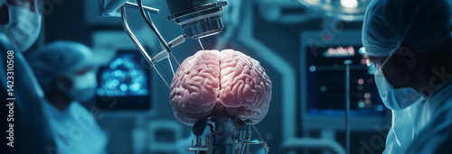 Obraz na płótnie A detailed view of neurosurgery in progress, with the patient's head stabilized and surgeons using a high-powered microscope to operate w salonie
