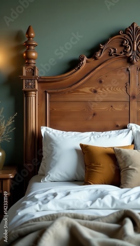 Rustic wooden headboard with decorative carving, cozy bedroom setting, beige, rustic