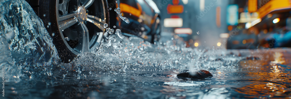 a realistic photo of a tire on a car water splashes of the tire, large focus on the front left tire, on a wet road splashing water