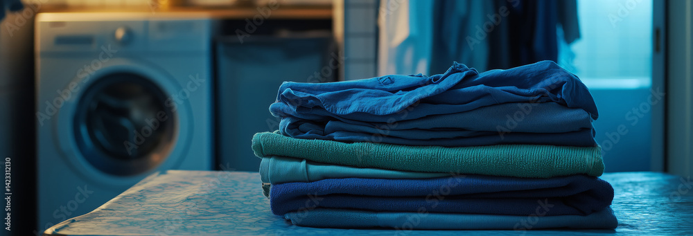 a neat stack of blue and green clothes lies on the table