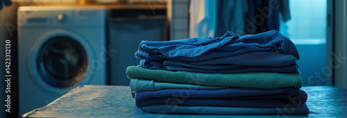 Obraz na płótnie a neat stack of blue and green clothes lies on the table w salonie
