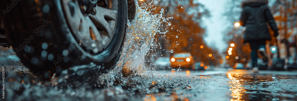 a realistic photo of a tire on a car water splashes of the tire, large focus on the front left tire, on a wet road splashing water