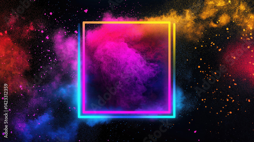 A vibrant explosion of colorful powder captured within a neon square, a burst of joy and energy against a dark backdrop.