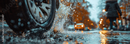 Obraz na płótnie a realistic photo of a tire on a car water splashes of the tire, large focus on the front left tire, on a wet road splashing water w salonie