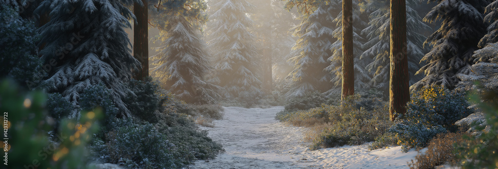 A serene path through a dense evergreen forest, covered in freshly fallen snow.