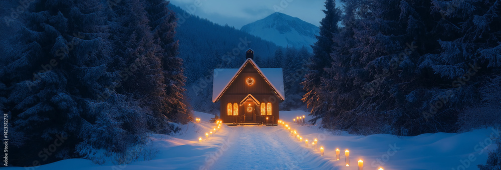 A small, snow-covered chapel glows with light from within, surrounded by tall pine trees.