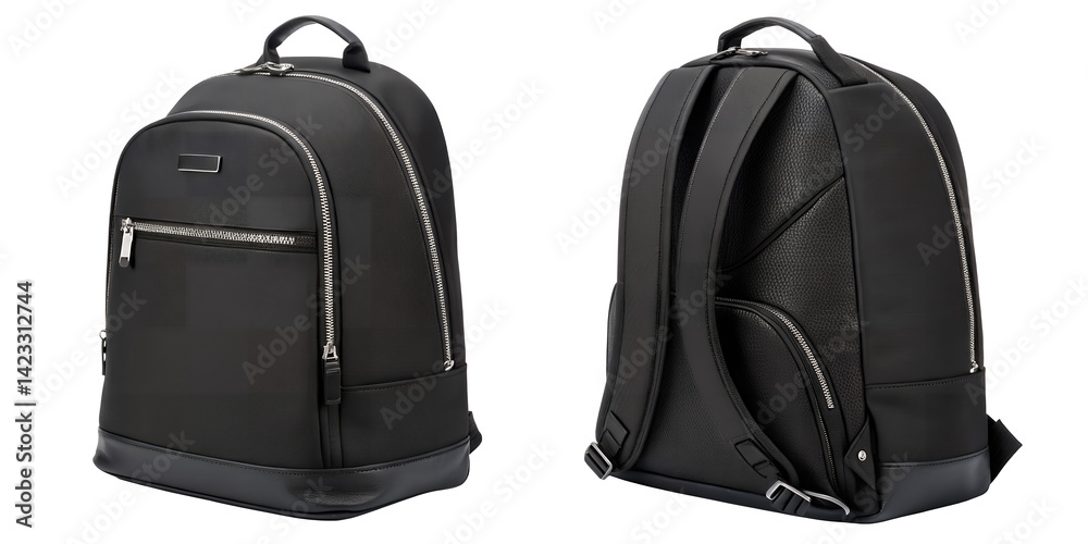 Fototapeta premium Sleek Backpack: A modern, stylish black backpack is presented, showcasing both front and rear views, highlighting its design and functionality.
