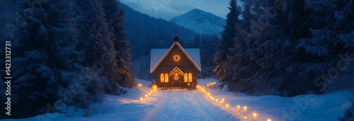 Obraz na płótnie A small, snow-covered chapel glows with light from within, surrounded by tall pine trees. w salonie