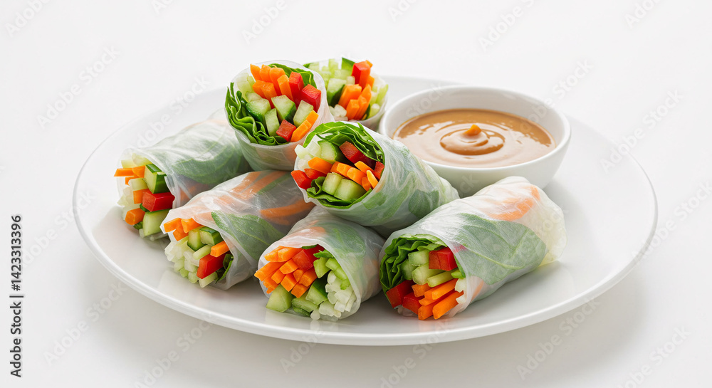 Fresh Spring Rolls with Vegetables and Peanut Sauce on a White Plate against a White Background Fresh Spring Rolls with Vegetables and Peanut Sauce on a White Plate against a White Background