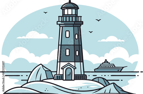Photo of a Lighthouse in a Frozen Icy Landscape Winter Coastal Scene