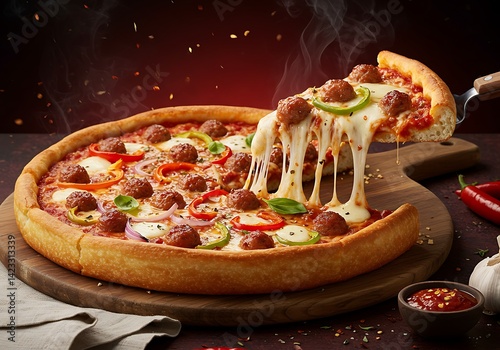 Delectable meatball pizza with gooey cheese pull on a rustic wooden board