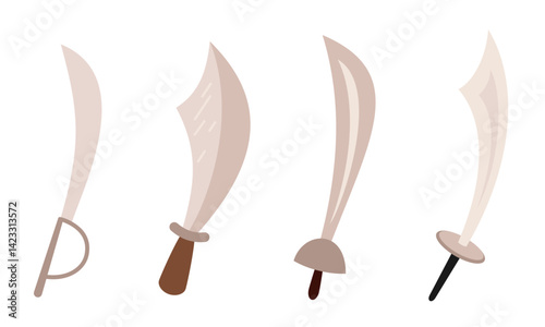 Set with pirate sword, rapier clipart in cartoon flat style, Isolated hand drawn vector illustration