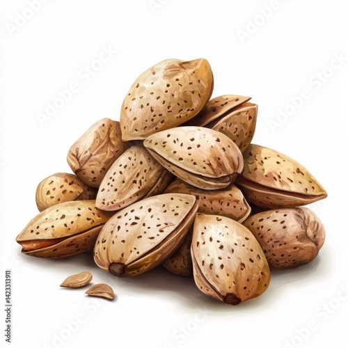 Shelled almonds pile, studio shot, white background, food packaging