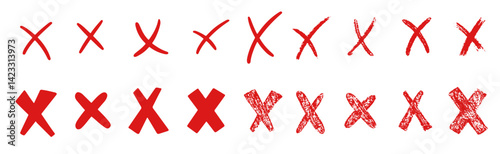 Cross signs doodle set. Check marks, Checkbox, checklist, strikethrough textured brush charcoal or marker hand drawn lines. Hand drawn vector illustration isolated on white background
