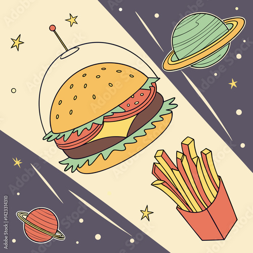 Space Explorer Burger Floating in Zero Gravity with Alien Fries