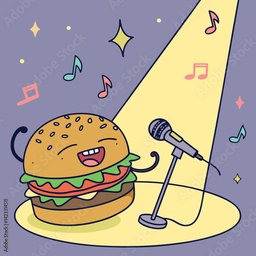 Rock Star Burger Singing on a Stage with Microphone and Mustard Spotlight
