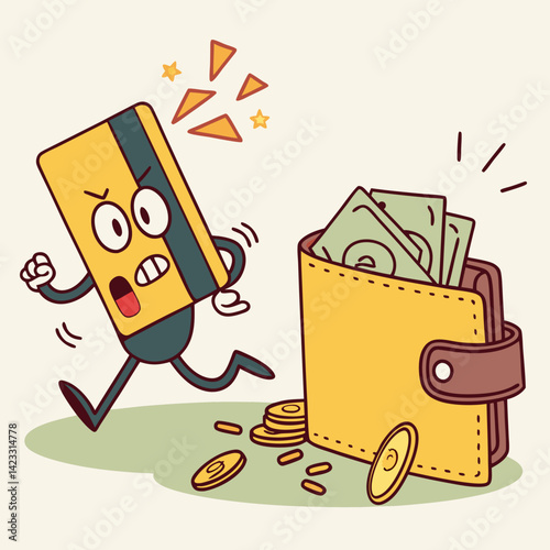 Cartoon Credit Card Running Away from Overloaded Wallet