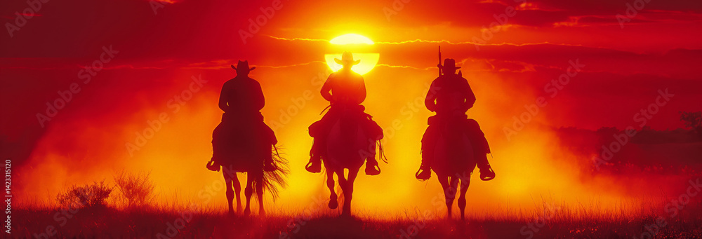 Silhouette of three cowboys riding horses in the wild west at sunset