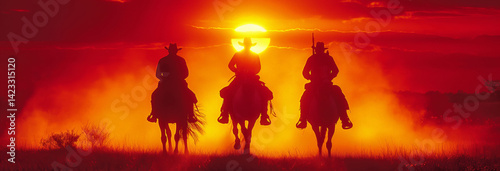 Obraz na płótnie Silhouette of three cowboys riding horses in the wild west at sunset w salonie