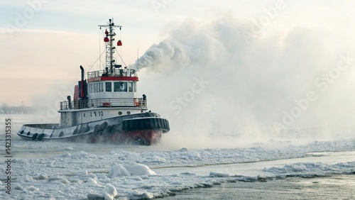 Against a hazy, cold backdrop, a red and white tugboat is shown breaking through ice, symbolizing power, determination, and the essential work of keeping waterways open during winter.
