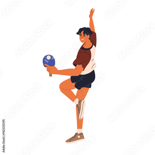 Ping pong athlete, asian man in action. Table tennis player striking ball with paddle racquet. Person playing pingpong, sports game with racket. Flat vector illustration isolated on white background