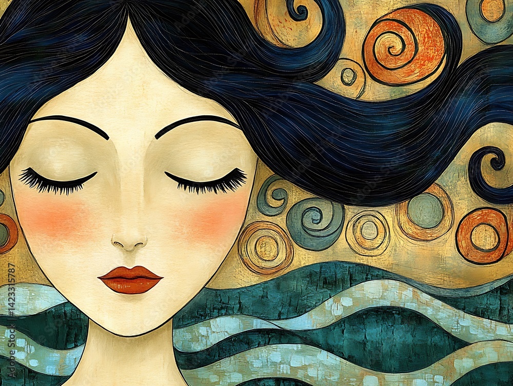 Woman's peaceful face, flowing hair, abstract waves
