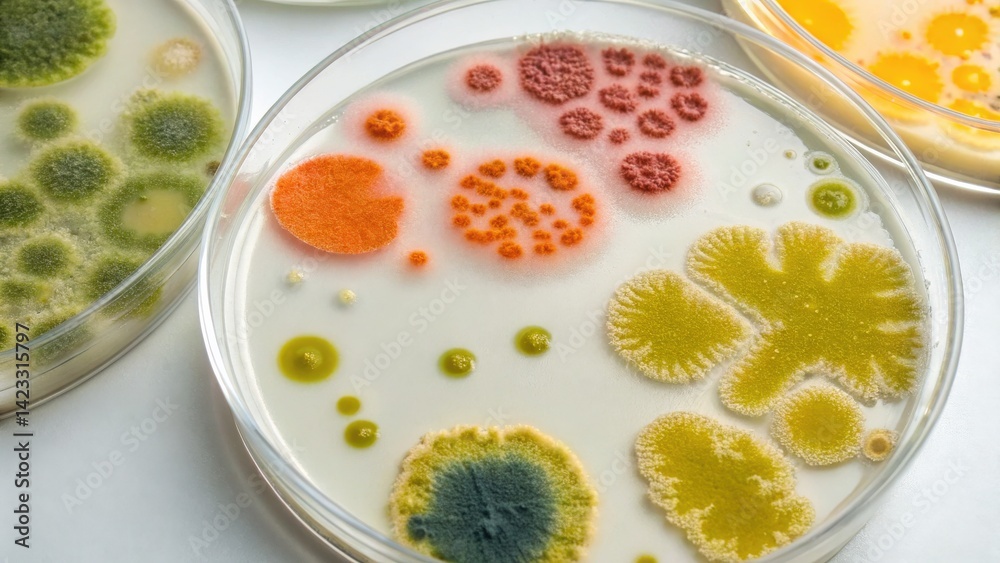 Petri dishes displaying colorful mold growth patterns. Petri dishes displaying colorful mold growth patterns.
