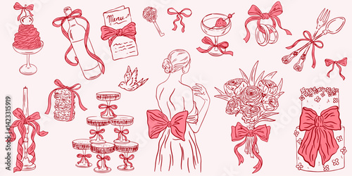 Whimsical wedding line art illustrations in doodle ink style. Elegant coquette party hand drawn elements. Casual vintage vector illustration for invitations, cards, greetings. Save the date