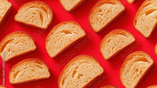 Bread slices arranged diagonally on a vibrant red background seamless texture map pattern