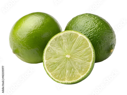 Fresh limes, whole and sliced isolated on transparent background