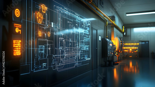 Futuristic control room with illuminated blueprints and digital interfaces in a high-tech environment