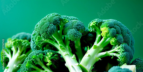 Fresh raw broccoli, on green background, generated Ai.