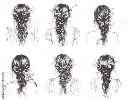 Beautiful female hairstyle with long hair loose braid with flowers. Romantic hairstyles with wreath, back view. Wedding or festive vector girls look