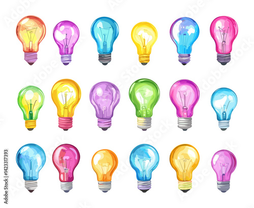 Bright light bulbs set. Cartoon lighting elements, vibrant glass bulb. Symbol idea or new mind or thought. Interior lamps details, vector clipart
