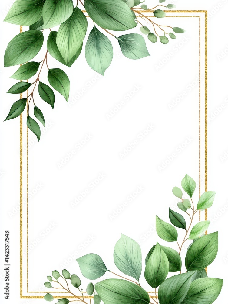 Elegant Watercolor Eucalyptus Leaves and Gold Frame on White Elegant Watercolor Eucalyptus Leaves and Gold Frame on White
