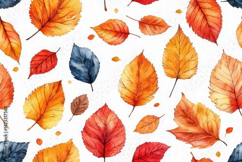 Autumn leaves painted with watercolors isolated on white background seamless texture map pattern