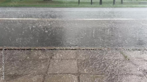 Wallpaper Mural Heavy Rainfall on Pavement and Road, Wet Surface and Raindrops Splashing, Stormy Weather Scene Torontodigital.ca