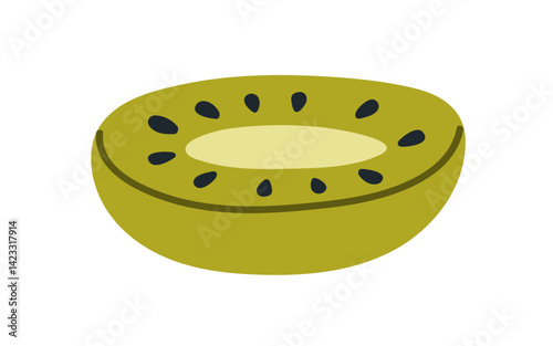 Kiwi fruit. Cut half with seeds and flesh. Cross-section, sweet tropical exotic food, vitamin nutrition. Kiwifruit, peeled piece, diet eating. Flat vector illustration isolated on white background