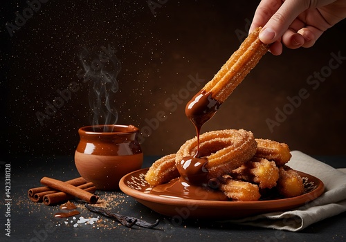 Delicious churros are dipped in chocolate, displayed against a warm backdrop