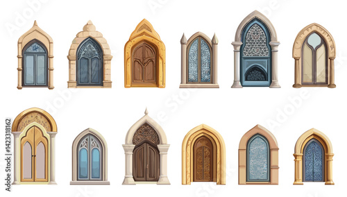 Islamic cartoon doors and windows. Arabic style arches, isolated muslim architecture elements. Arabian buildings exterior vector collection