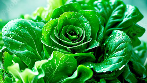 Fresh green lettuce, densely packed, close up, with water droplets. AI generated.