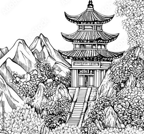 Japanese landscape with pagoda building in mountains. Doodle background, hand drawn style coloring book page for adults, vector template